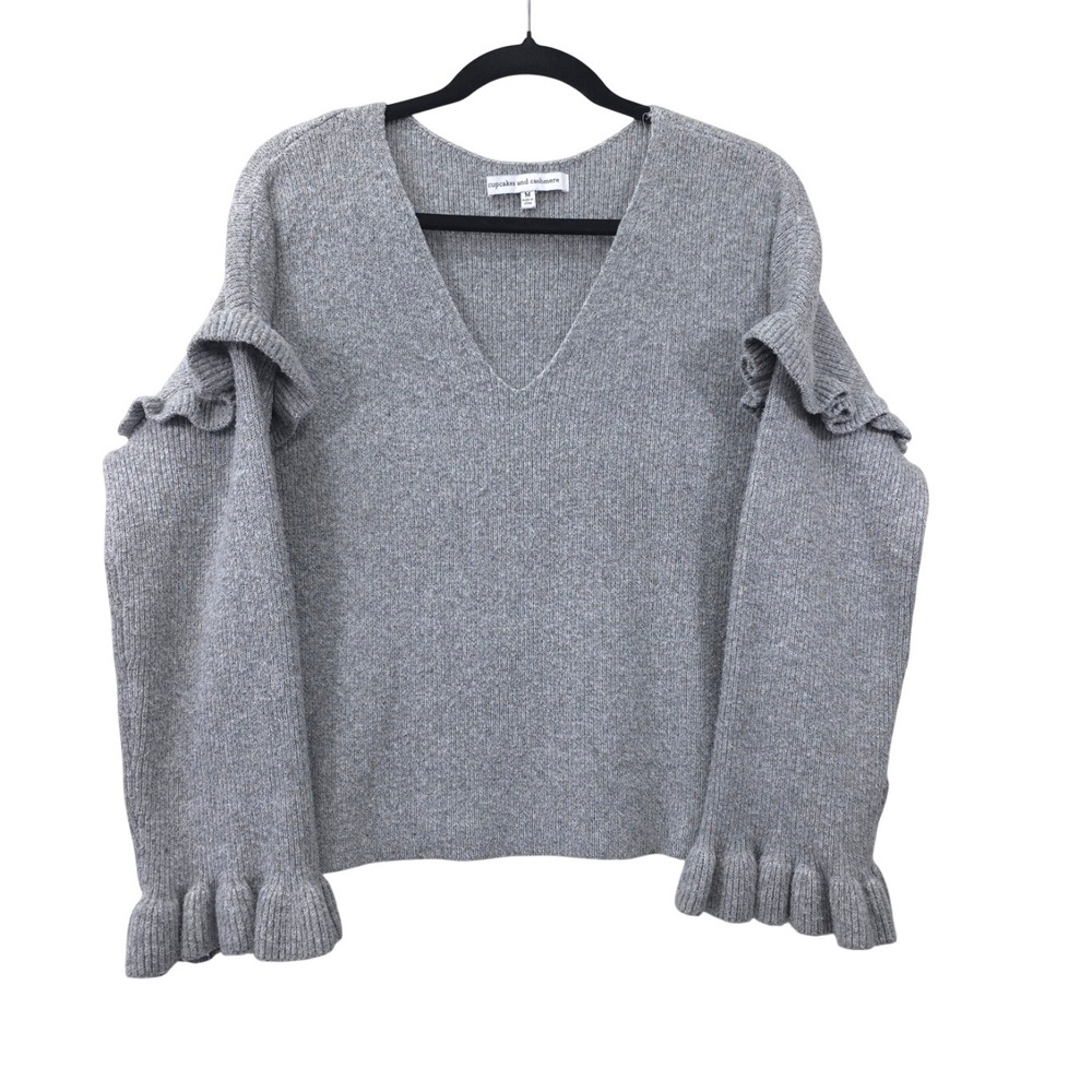 Cupcakes and Cashmere Gray Ruffle V-Neck Ribbed Knit Sweater M Romantic Coquette